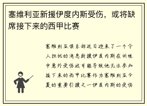 塞维利亚新援伊度内斯受伤,或将缺席接下来的西甲比赛