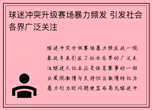 球迷冲突升级赛场暴力频发 引发社会各界广泛关注
