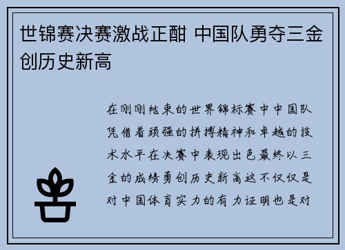 世锦赛决赛激战正酣 中国队勇夺三金创历史新高